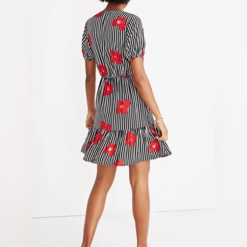 Madewell Black and White Striped Floral Print Faux Wrap Dress - Picture 3 of 12